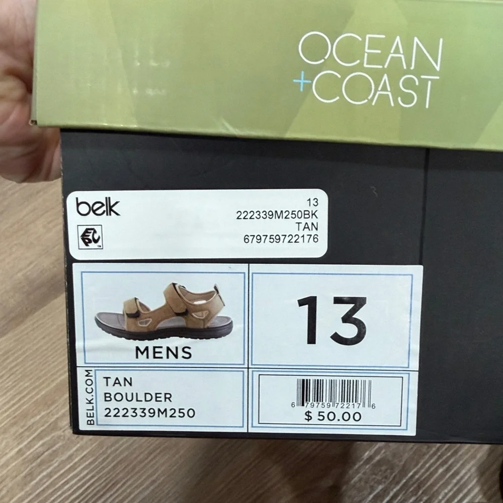 NEW in Box Sandals Ocean + Coast® Boulder Sport Sandals Men’s Tan Velcro Size 13